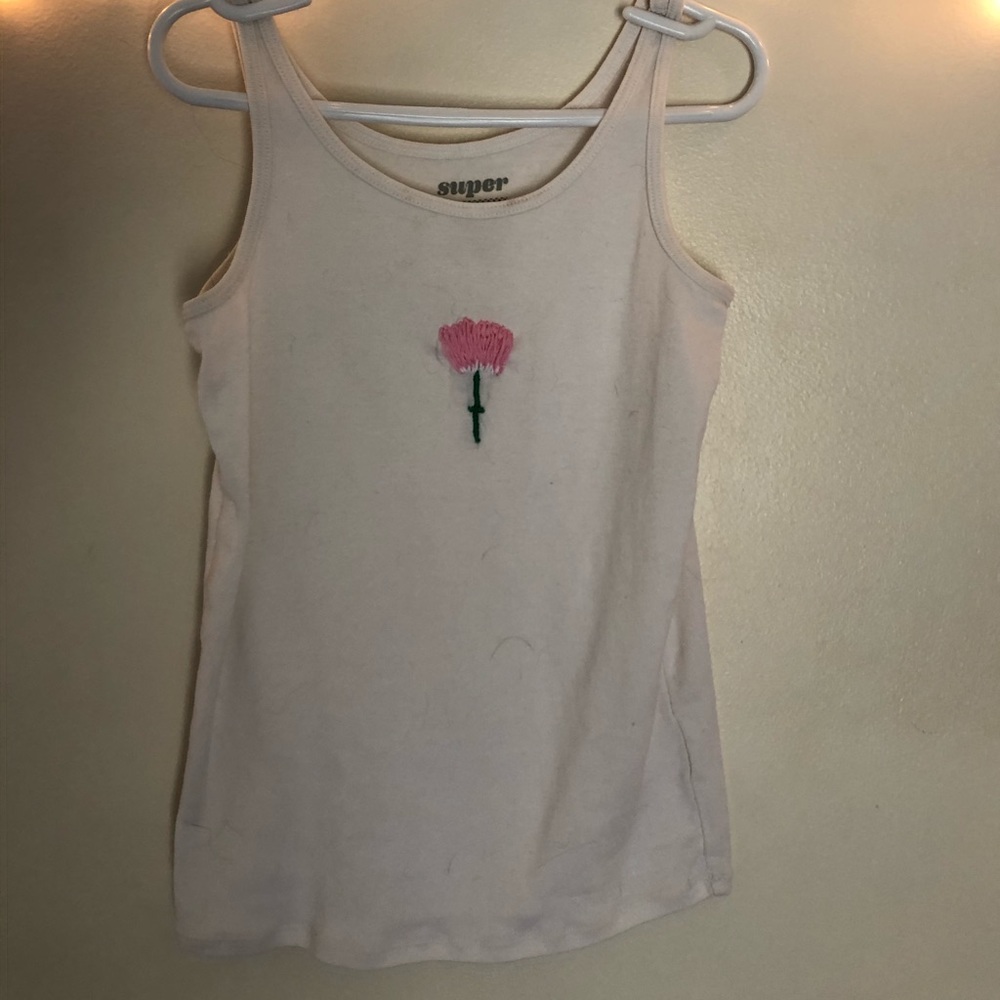 Hand Embroidered Pink Flower Tank Top